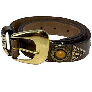 Vintage LeatherRock Womens Leather Belt Bezel Set Cabonchon‎ Beaded Triangles Lg